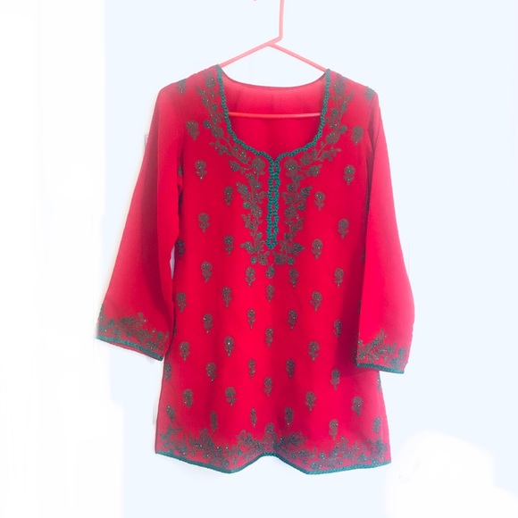 Golden Linings Tops - Red & green Bollywood tunic kurthi top
